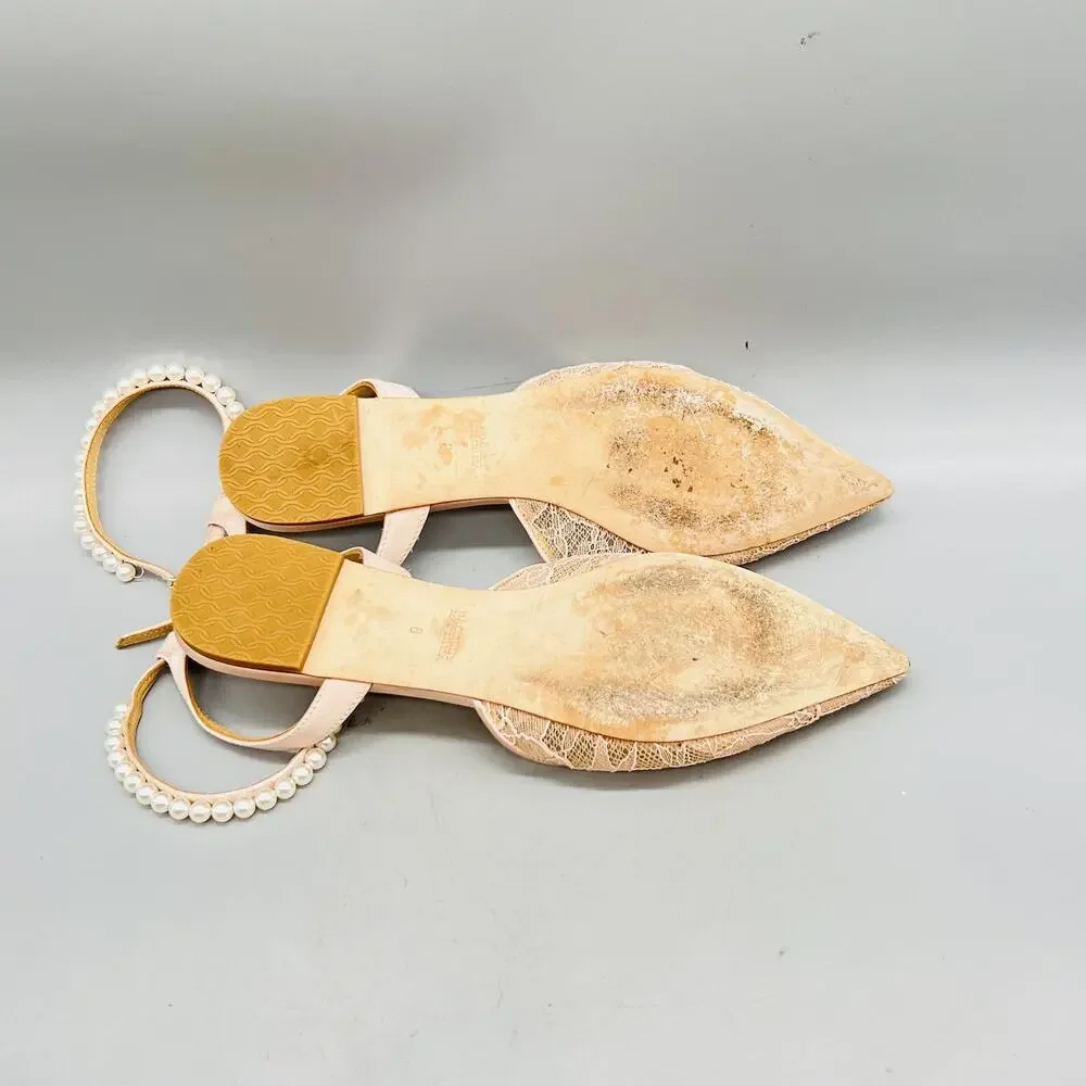 Badgley Mischka Shoes Womens 8 Pink Lace Slingback Flats Bridal Pearl Strap